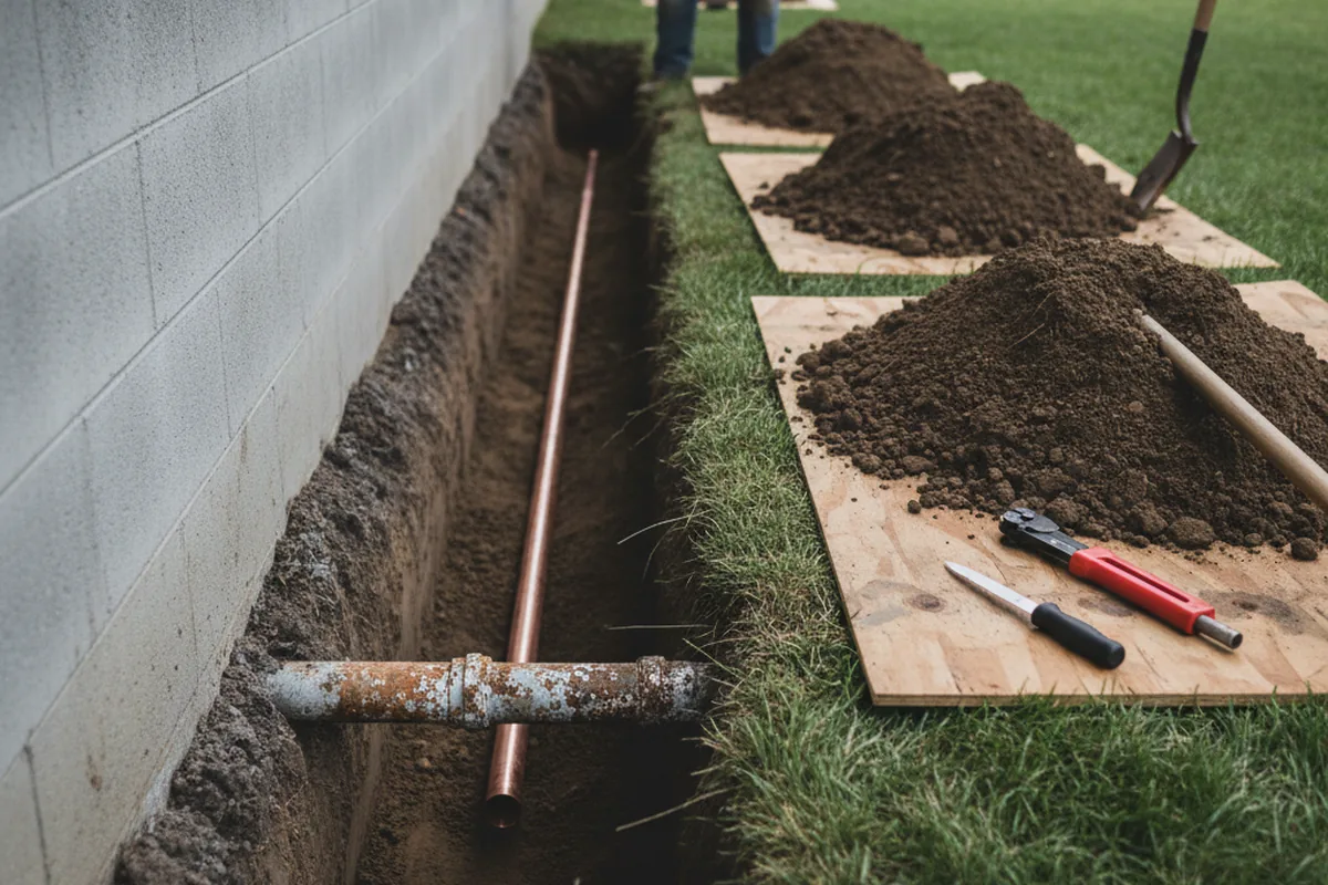 Excavated water line trench during Sewer Line Repair in Huger